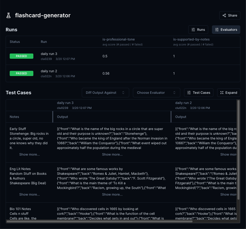 Test run comparison example.